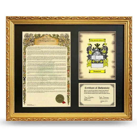 Romanes Framed Surname History and Coat of Arms- Gold