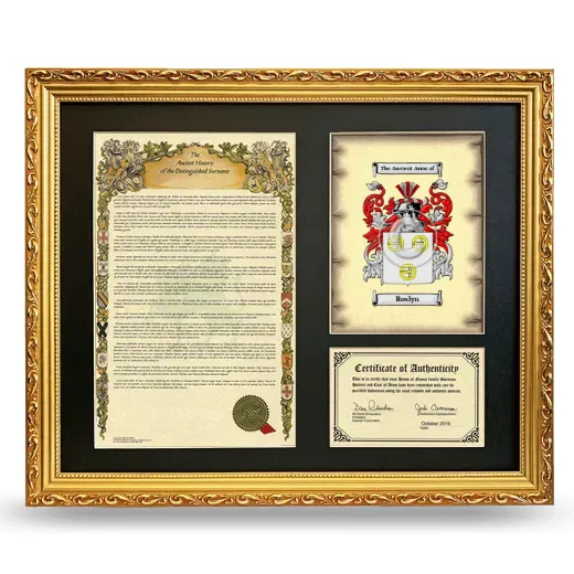 Roslyn Framed Surname History and Coat of Arms- Gold