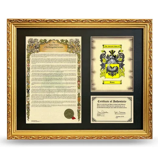 Roso Framed Surname History and Coat of Arms- Gold