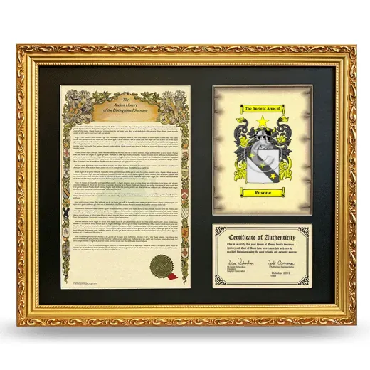 Rusone Framed Surname History and Coat of Arms- Gold