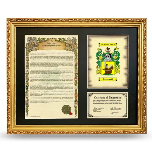 Ryszewski Framed Surname History and Coat of Arms- Gold