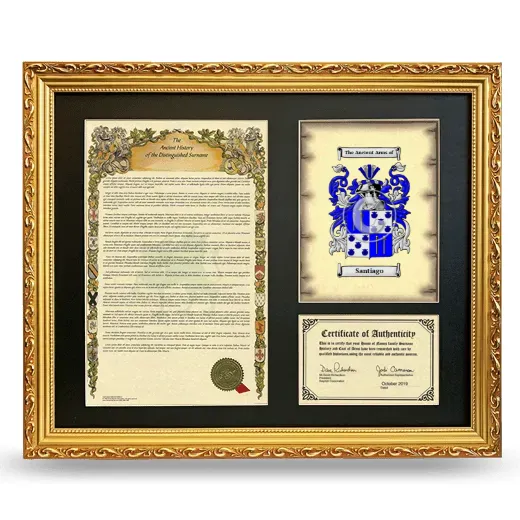 Santiago Framed Surname History and Coat of Arms- Gold