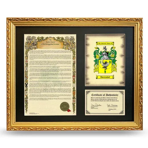 Sheermind Framed Surname History and Coat of Arms- Gold