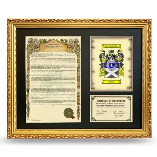 Sheira Framed Surname History and Coat of Arms- Gold
