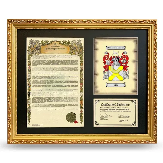 Silk Framed Surname History and Coat of Arms- Gold