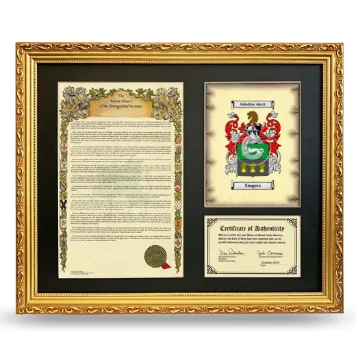 Singers Framed Surname History and Coat of Arms- Gold
