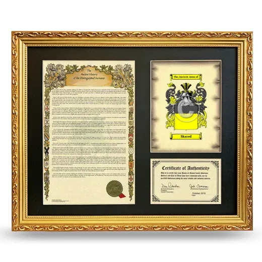 Skared Framed Surname History and Coat of Arms- Gold