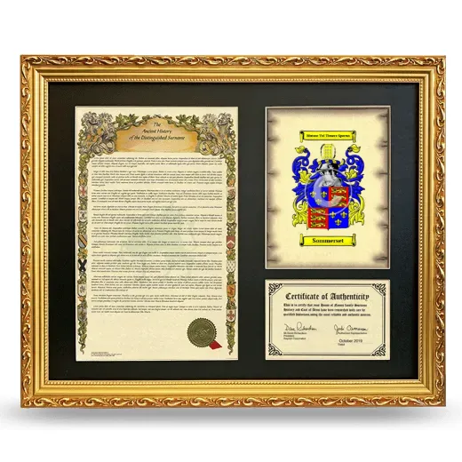 Sommerset Framed Surname History and Coat of Arms- Gold