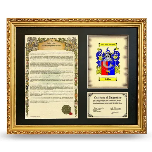 Suklay Framed Surname History and Coat of Arms- Gold