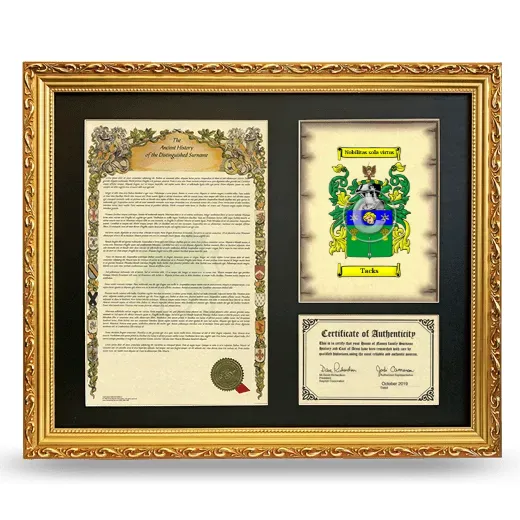 Tacks Framed Surname History and Coat of Arms- Gold