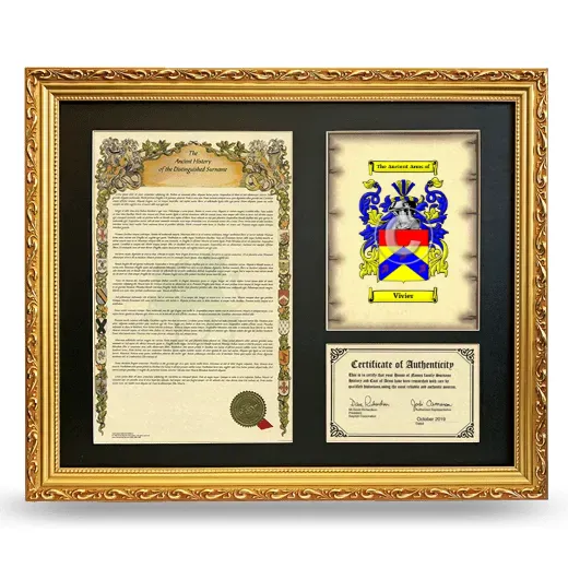 Vivier Framed Surname History and Coat of Arms- Gold