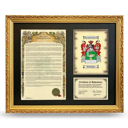 Waterman Framed Surname History and Coat of Arms- Gold
