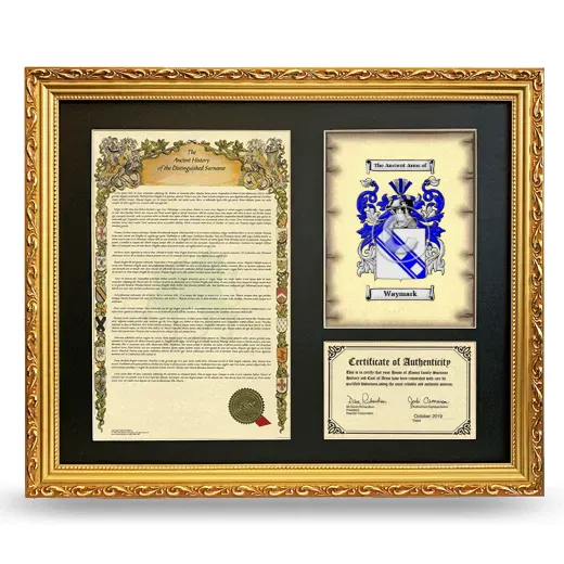 Waymark Framed Surname History and Coat of Arms- Gold