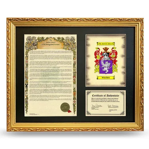 Wimbish Framed Surname History and Coat of Arms- Gold