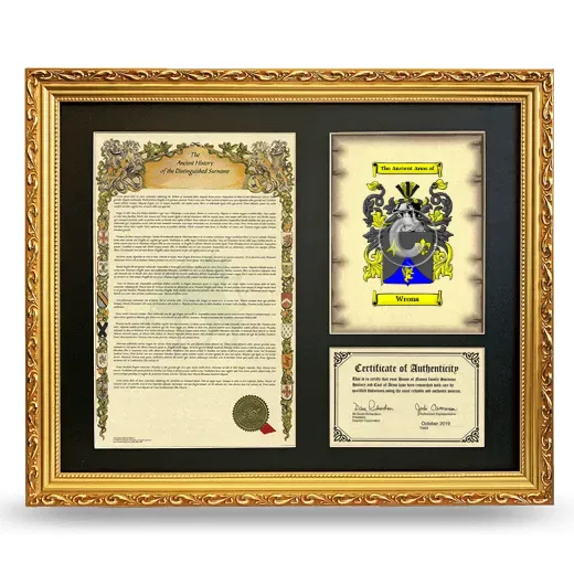 Wrona Framed Surname History and Coat of Arms- Gold