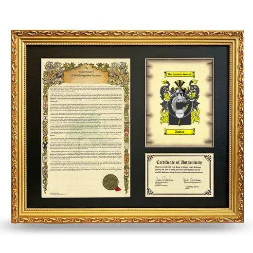 Zaiser Framed Surname History and Coat of Arms- Gold