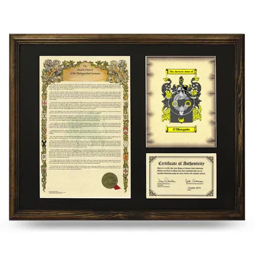 O'Mongain Framed Surname History and Coat of Arms - Brown
