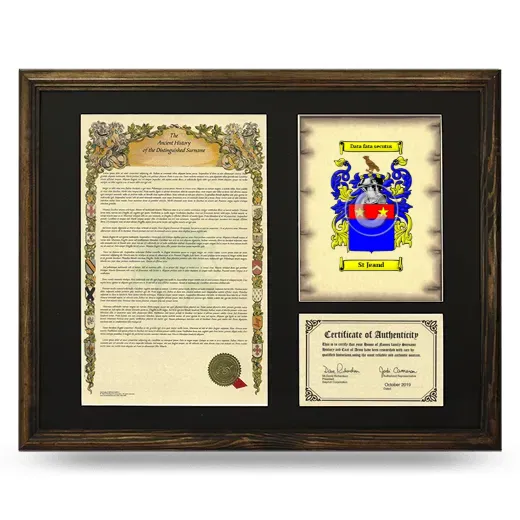 St Jeand Framed Surname History and Coat of Arms - Brown