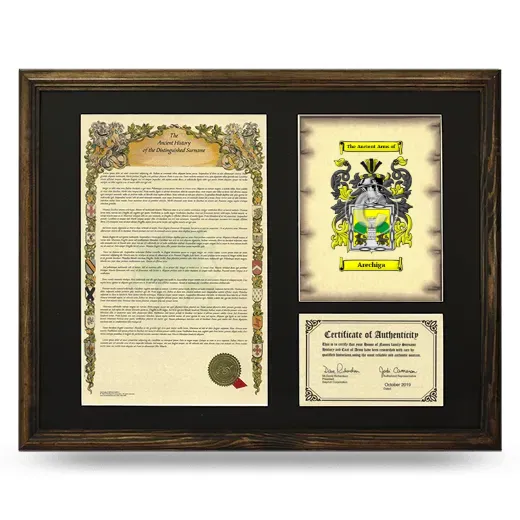 Arechiga Framed Surname History and Coat of Arms - Brown