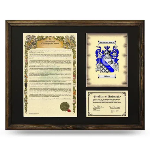 Billaux Framed Surname History and Coat of Arms - Brown