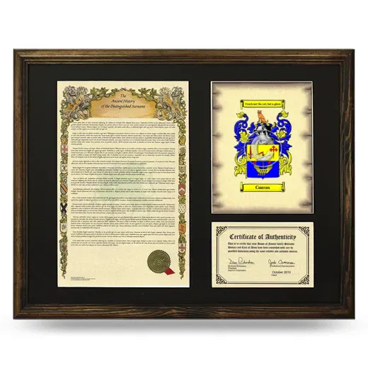 Curras Framed Surname History and Coat of Arms - Brown
