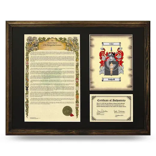 Dalyell Framed Surname History and Coat of Arms - Brown