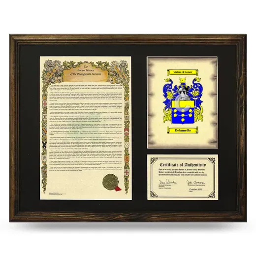 Delamello Framed Surname History and Coat of Arms - Brown