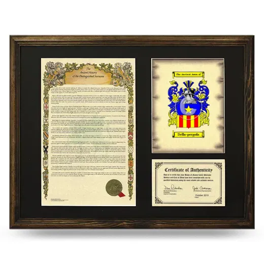 Della-pergola Framed Surname History and Coat of Arms - Brown