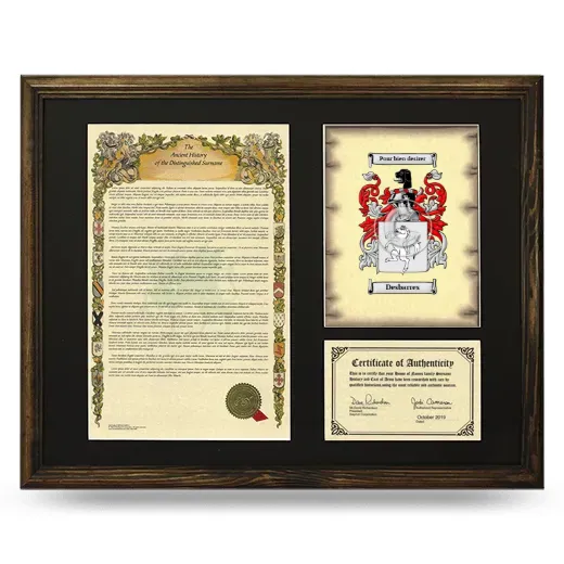 Desbarres Framed Surname History and Coat of Arms - Brown