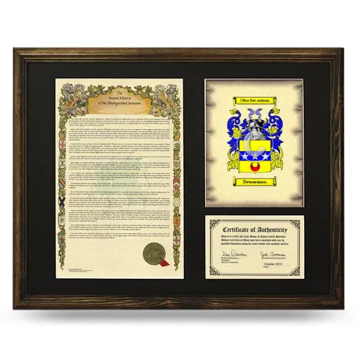 Dewarman Framed Surname History and Coat of Arms - Brown