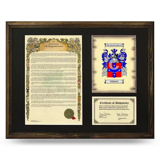 Felicetti Framed Surname History and Coat of Arms - Brown
