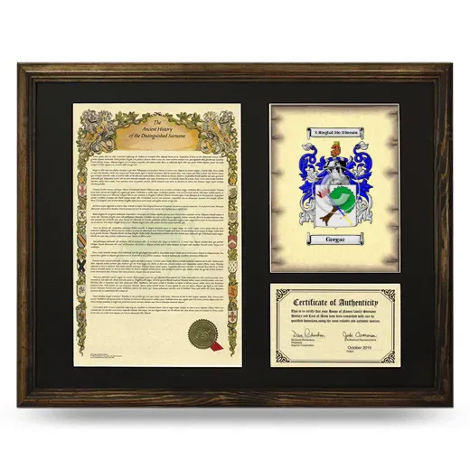 Gregar Framed Surname History and Coat of Arms - Brown