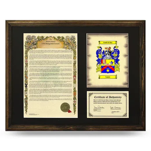 Laon Framed Surname History and Coat of Arms - Brown