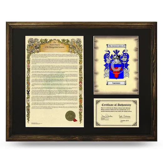 Larsson Framed Surname History and Coat of Arms - Brown
