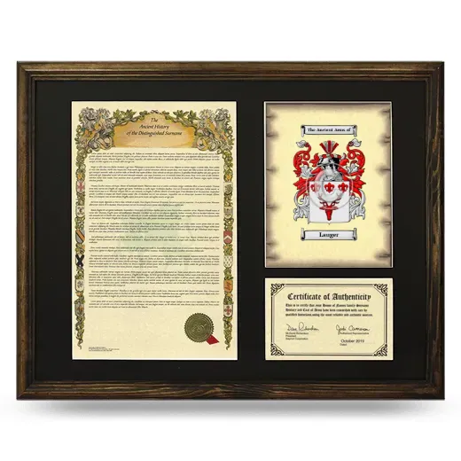 Lauger Framed Surname History and Coat of Arms - Brown