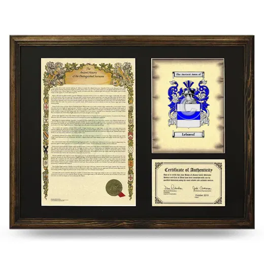 Leboeuf Framed Surname History and Coat of Arms - Brown