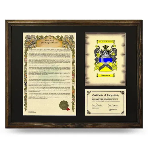 Mattheus Framed Surname History and Coat of Arms - Brown