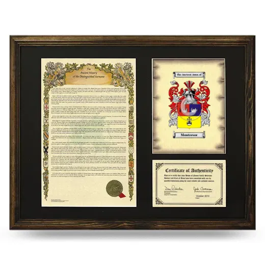 Montresor Framed Surname History and Coat of Arms - Brown