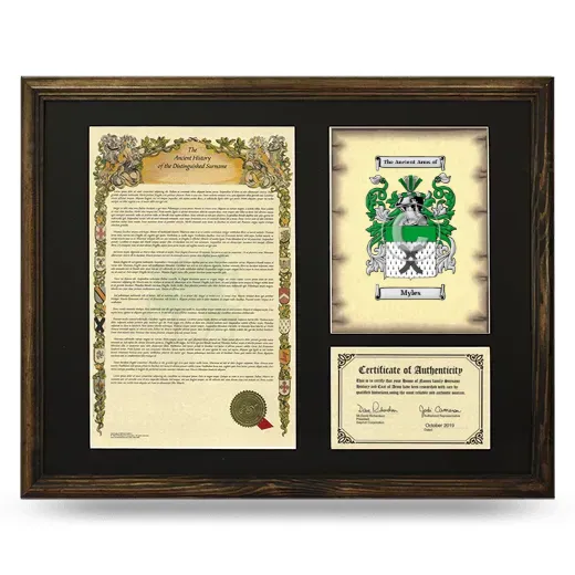 Myles Framed Surname History and Coat of Arms - Brown