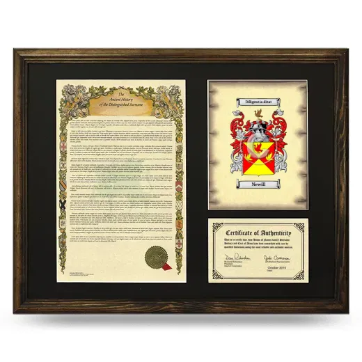 Newill Framed Surname History and Coat of Arms - Brown
