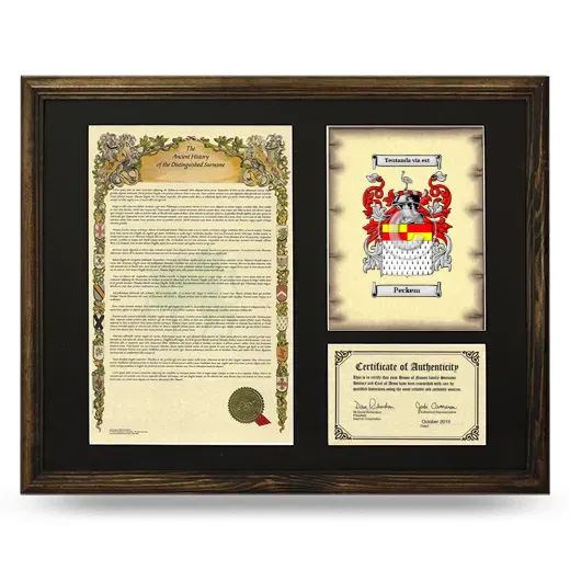 Peckem Framed Surname History and Coat of Arms - Brown