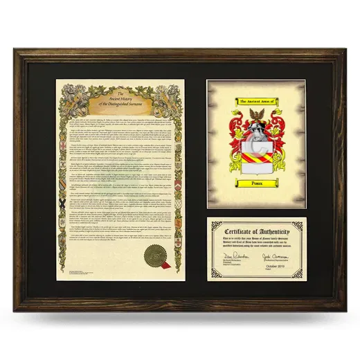 Poux Framed Surname History and Coat of Arms - Brown