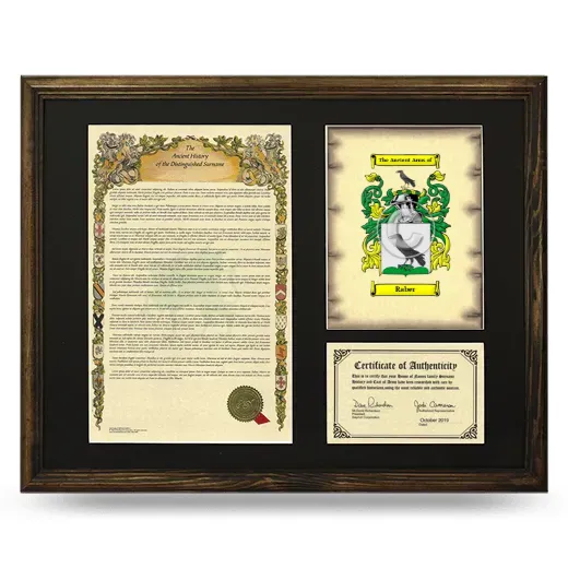 Raber Framed Surname History and Coat of Arms - Brown