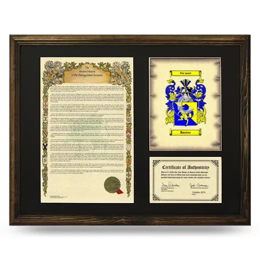 Rauter Framed Surname History and Coat of Arms - Brown