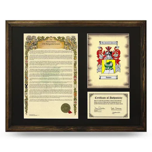 Sauro Framed Surname History and Coat of Arms - Brown