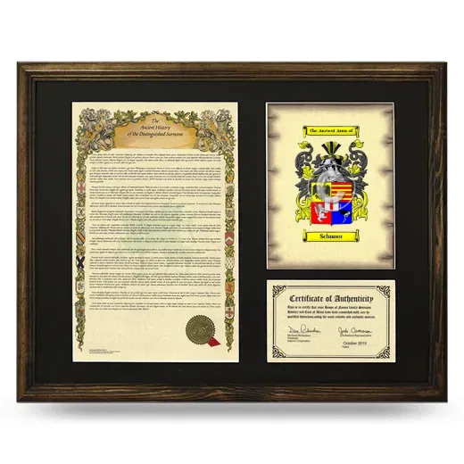Schnoor Framed Surname History and Coat of Arms - Brown