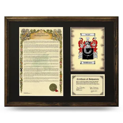 Sickklemere Framed Surname History and Coat of Arms - Brown