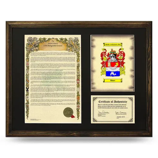 Siner Framed Surname History and Coat of Arms - Brown