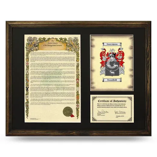 Stansfield Framed Surname History and Coat of Arms - Brown