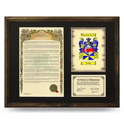 Surday Framed Surname History and Coat of Arms - Brown